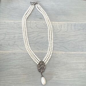 Vintage CFJ Elegant White Pearl Marcasite Necklace Sterling 925 Silver